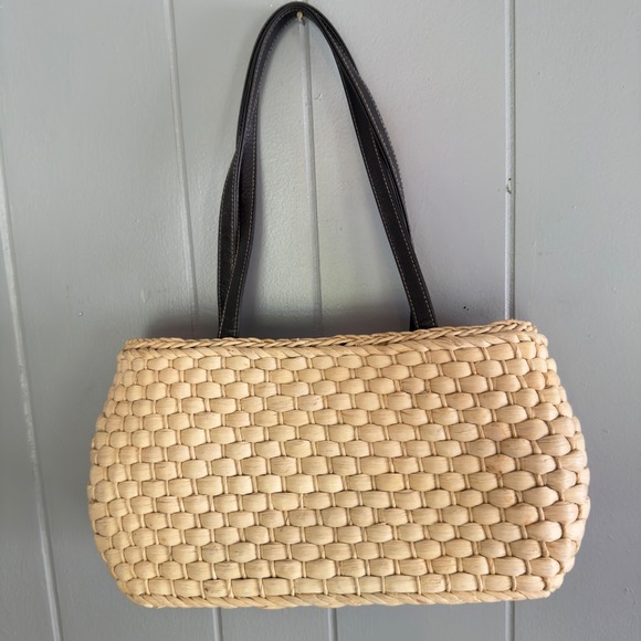 Woven straw basket tote bag drawstring coastal boho Euro summer polka dot lining - Picture 1 of 8